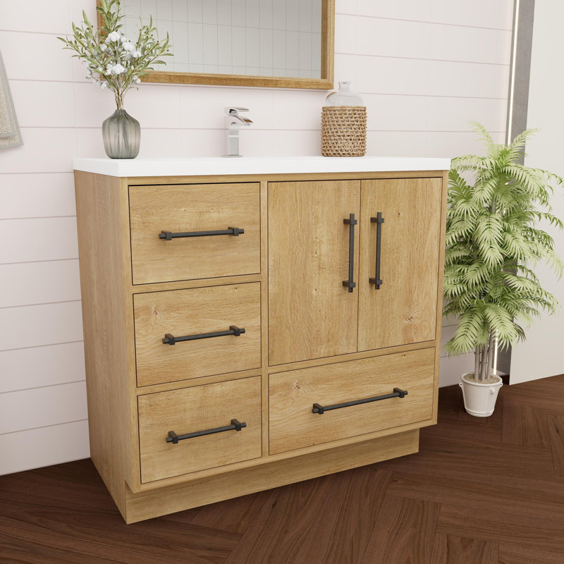 Meuble-lavabo simple 35,4 po avec plateau en acrylique Victoria, Chêne