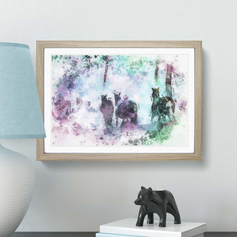 Horses in a Colourful Forest in Abstract - Picture Frame Painting Print, 62cm H x 87cm W x 2cm D, Oak Framed