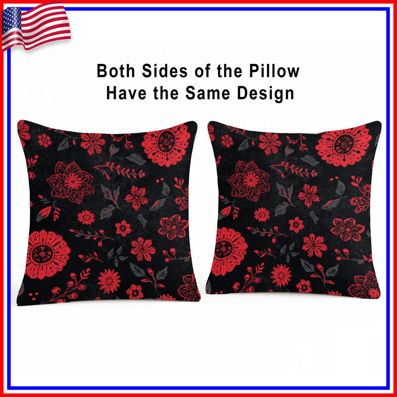 Red Floral Pattern Double Sided Throw Pillows, 14 x 14 inches