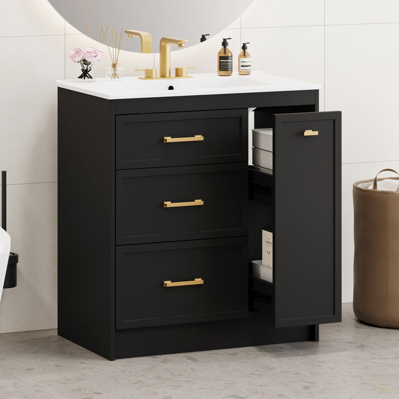 Ensemble de meuble-lavabo classique de 30 po, à fixation au sol, avec trois tiroirs, dont un tiroir à double couche, avec de longues poignées - parfait pour les petites salles de bain