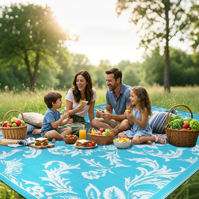 Waterproof Outdoor Rug 8x10 for Patio, Foldable Reversible Modern Area Rug, Large Plastic Straw Mat for Camping, RV, Porch, Backyard, Deck, Picnic, Beach, Blue