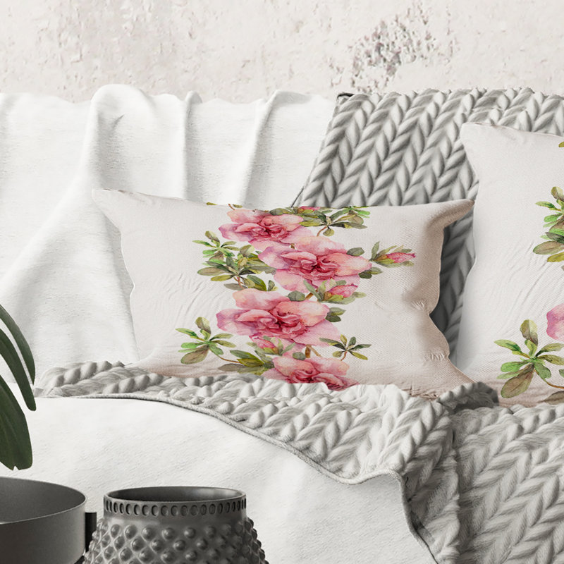 Rectangle, bouquet de fleurs roses et mauves II - Coussin décoratif imprimé maison de campagne