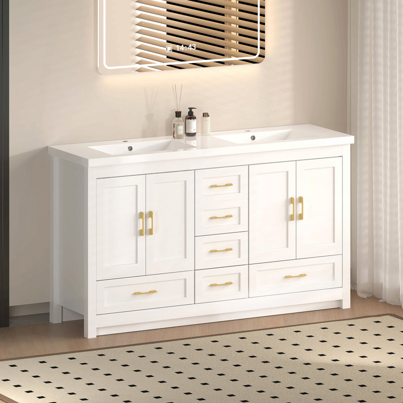 Meuble-lavabo blanc 60 po. Armoire de rangement abondante - 4 portes à fermeture douce et 5 tiroirs