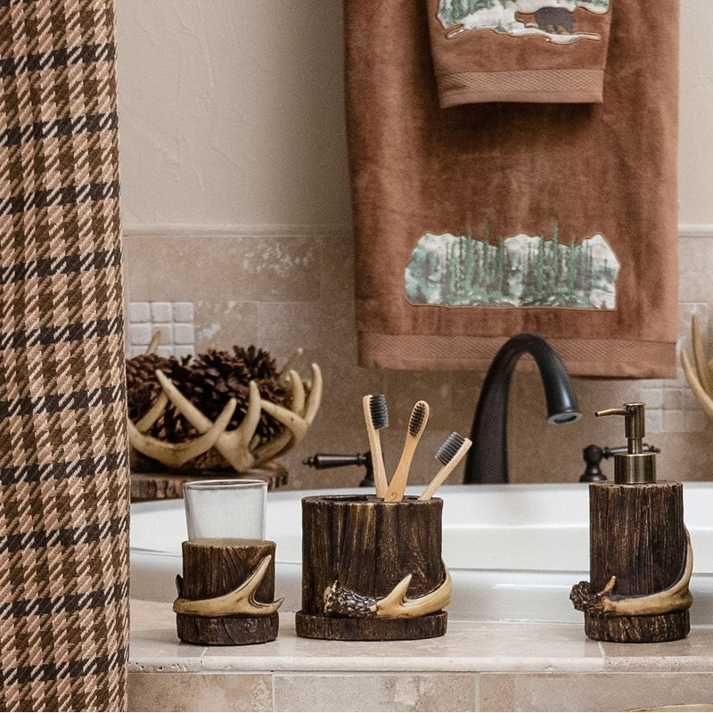 Rustic Brown Resin Antler Toothbrush Holder with Wood Accent