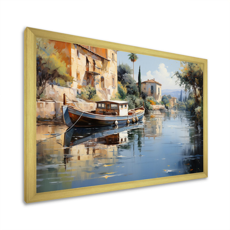 Beige canal impressionniste - imprimé, Encadrement doré, H 30 po x l 40 po x P 1,5 po