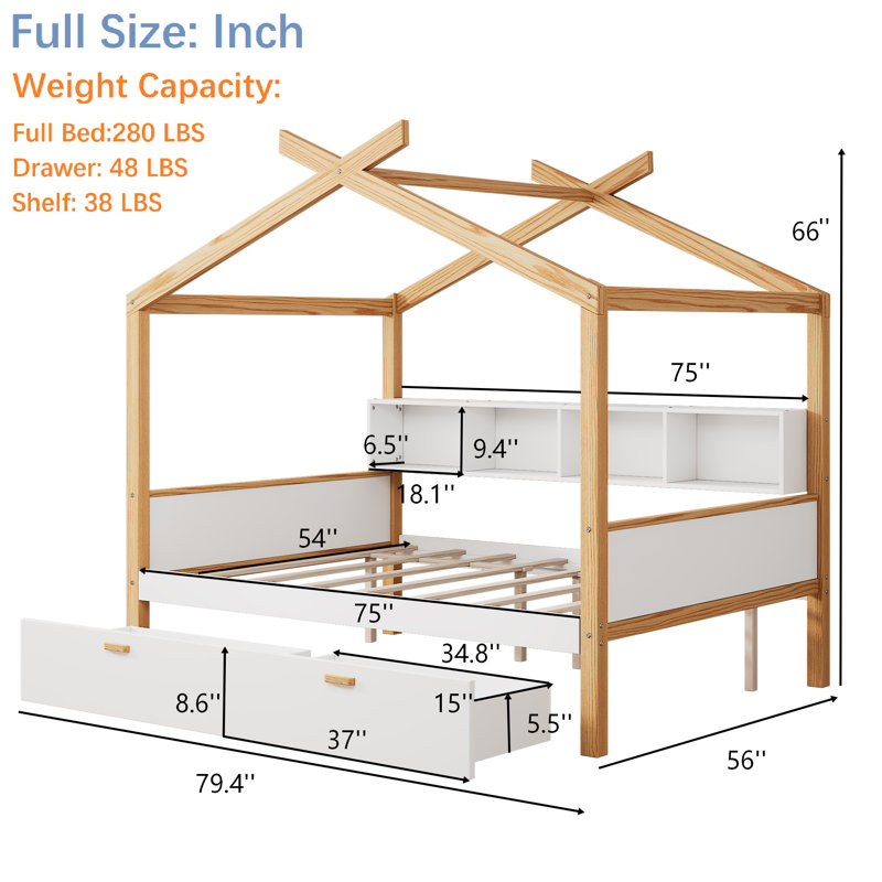 House-shaped Canopy Bed, Canopy Bed Frame with Two Drawers and Bookshelf Storage Space, Full