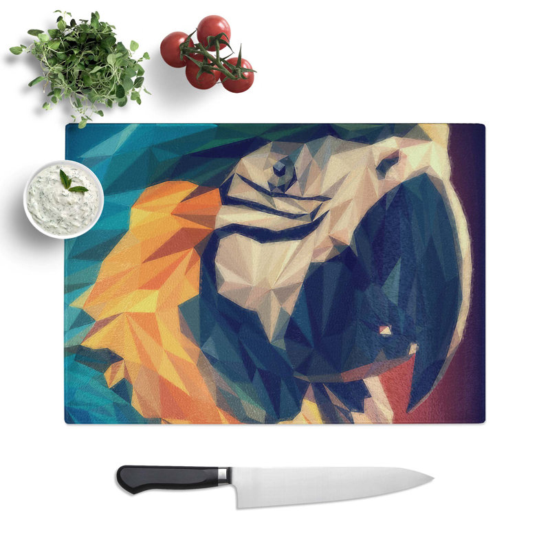 Glass Geometric Macaw Parrot in Abstract Chopping Board, 28.5 cm W x 20 cm L