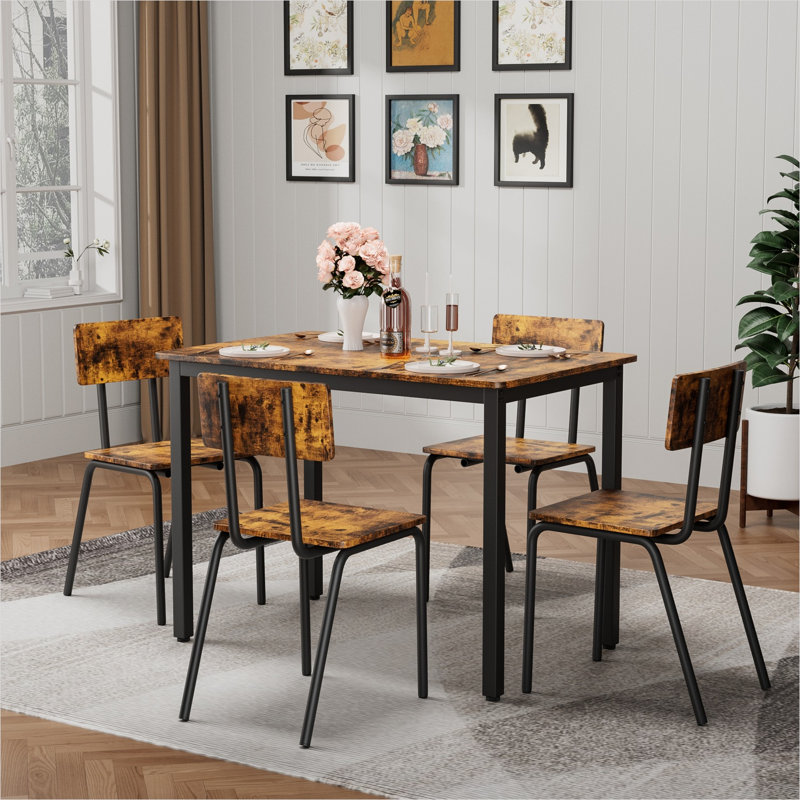 Ensemble de table de salle à manger avec 4 chaises, table de cuisine compacte de 43 pouces, finition brune, structure en métal, peu encombrant, rectangulaire