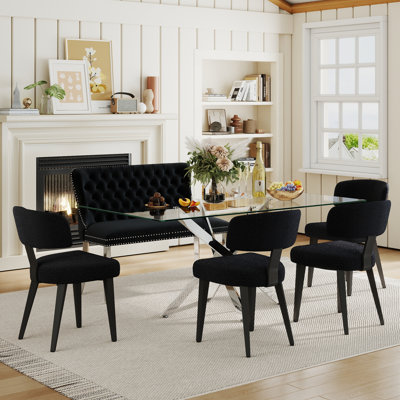 Ensemble table et chaises de salle à manger rectangulaires en verre pour 4 à 6 personnes avec banc en velours capitonné à la main