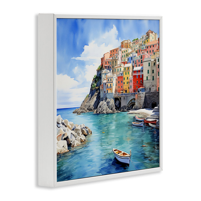 Cinque Terre Port par LSR Design Studio, H 24 po x l 24 po x P 1,5 po, Giclée encadrée blanc bord de mer