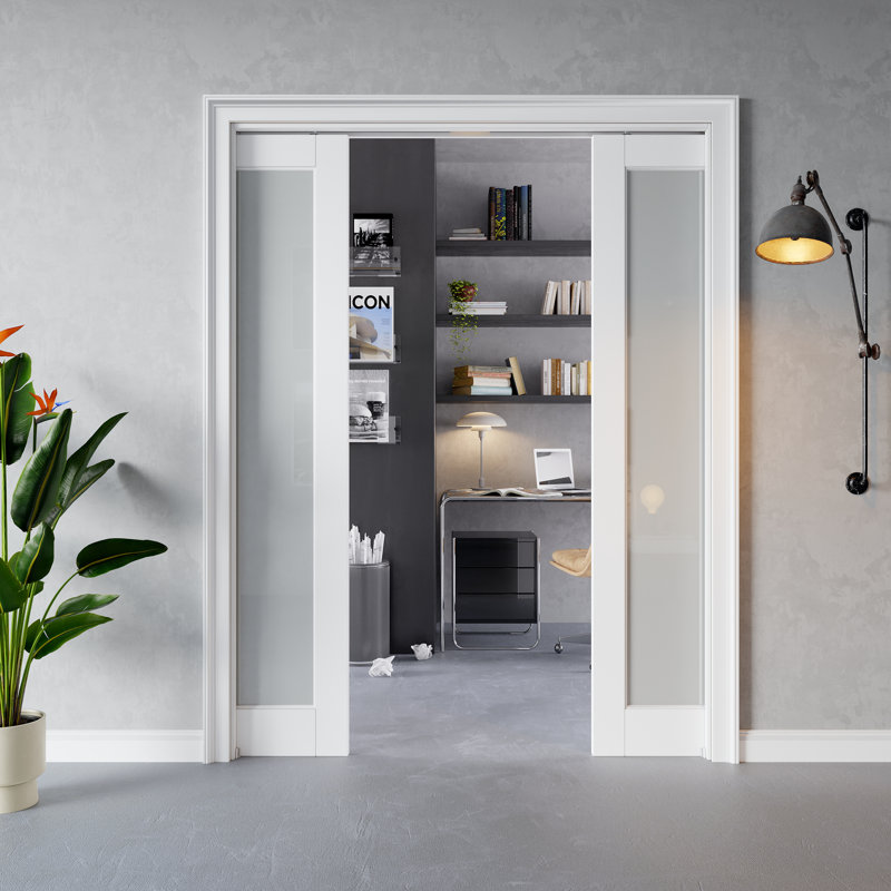 Porte intérieure coulissante à un battant en verre dépoli, MDF CARB P2 et verre trempé SGCC, avec cadre renforcé et quincaillerie incluse, pour chambre à coucher, préfinie et imperméable, idéale pour garde-manger, chambre, salle de bain et placard, teinture facile à appliquer soi-même, 152 x 203 cm