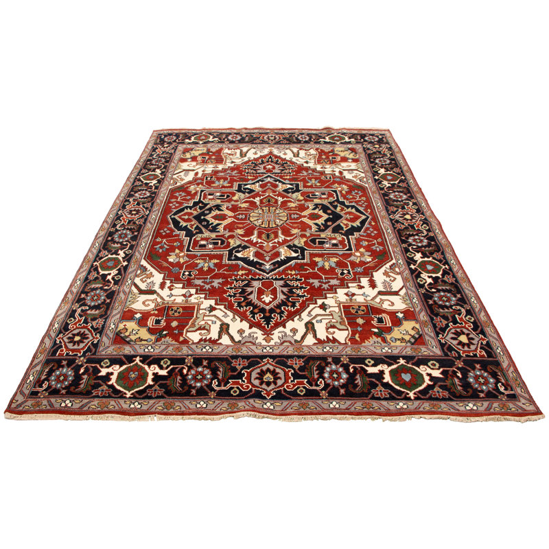 Tapis décoratif en laine de conception unique 9 pi 4 po x 14 pi noué à la main New Age-rouge foncé/bleu foncé