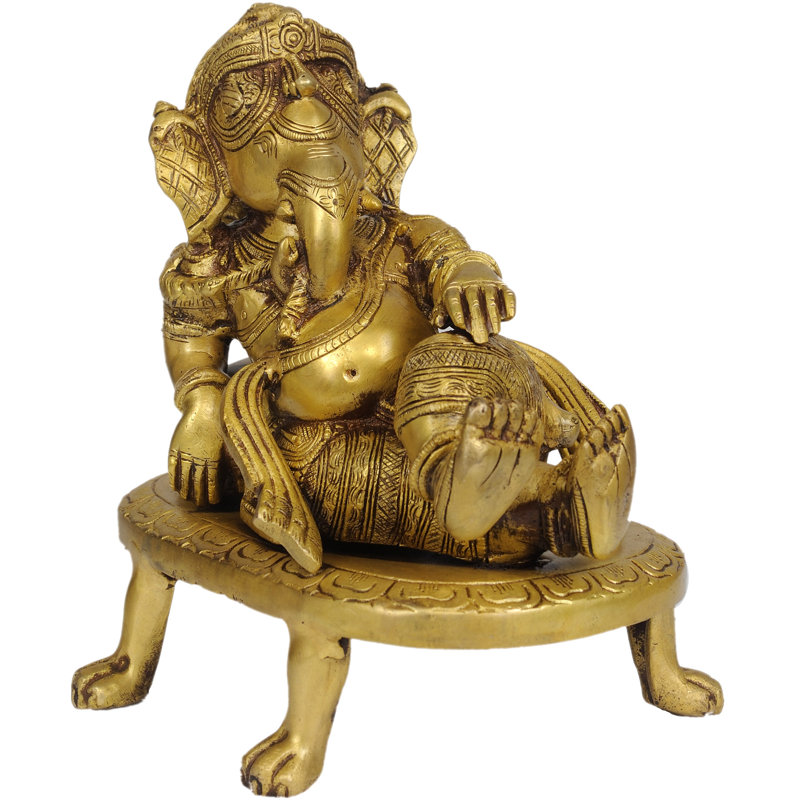 Statue en laiton de Ganesha relaxante faite à la main de 9 po - divinité indoue inclinée, sculpture d'art indien pour autel, tablette et espace de méditation