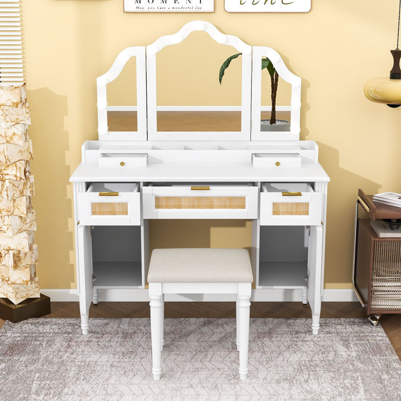 Bureau de maquillage avec 5 tiroirs, tablettes, station de charge et éclairage réglable
