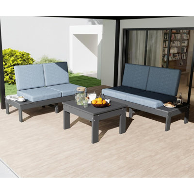 Modern HDPE Sectionals Set, 3 Piece Cushioned Patio Seating with Coffee Table