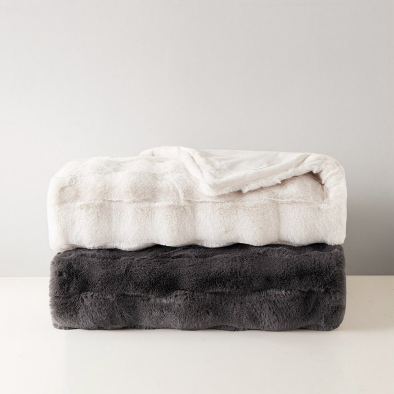 Gray Reversible Faux Fur Basketweave Throw Blanket