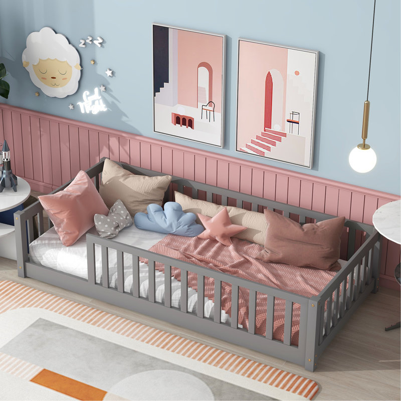 Javarri 17.5''H Bed Frame without Door,Floor Platform Bed with Fence, Grey