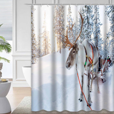 Reindeer Winter Forest Snow Deer Sledge Shower Curtain with 12 Hooks