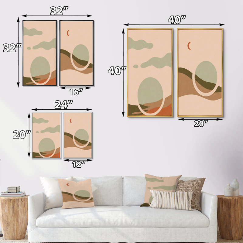 «Retro Sunrise Landscape with Moon I», ensemble de 2 impressions, H 20 po x l 24 po x P 1 po, Toile avec cadre doré