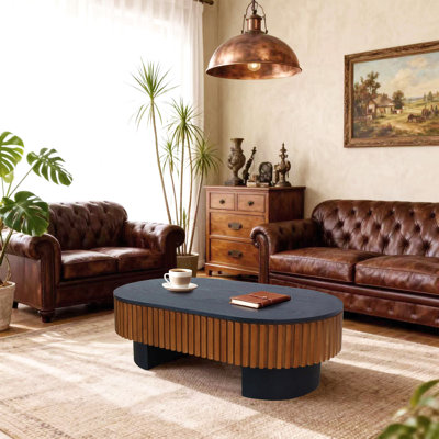 Table basse de salon elliptique de 43,7 po avec rangement caché et plateau amovible, table basse moderne en placage de bois massif. Convient aux salons, chambres à coucher, appartements ou bureaux, noir et noyer
