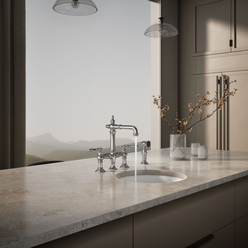 Artifacts® Bridge Faucet with Side Spray, Polished Chrome, Lever Handle