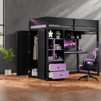 Lits mezzanine jumeaux avec rangement, bois MDF pin, style moderne gain de place pour bureau à domicile