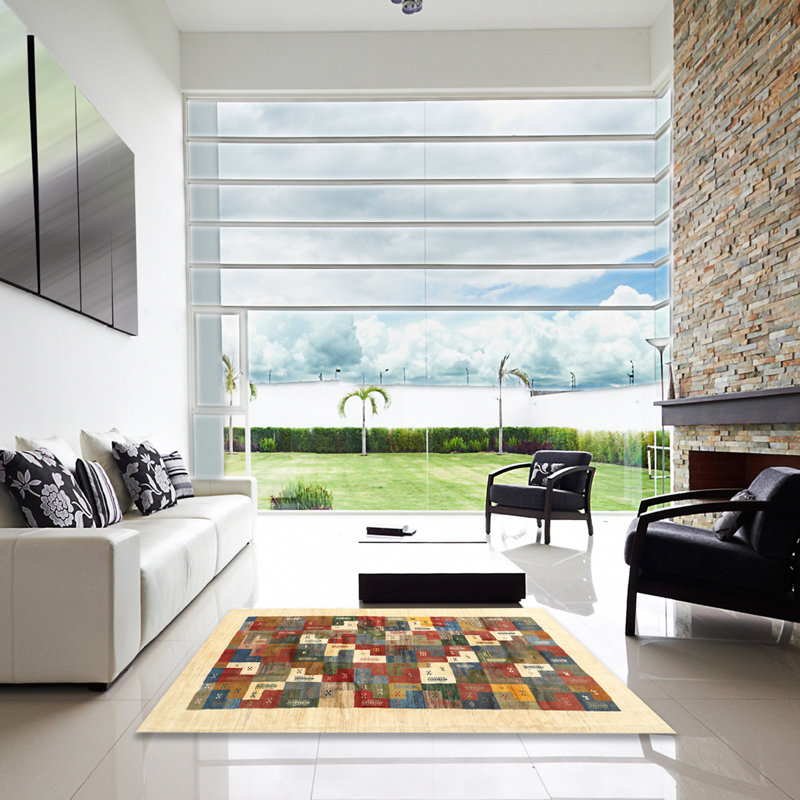Tapis beige/rouge contemporain, Carré 7 pi