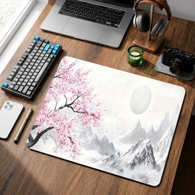  Rubber Mouse Pad, Smooth Microfiber Surface, Non-Slip Base, Rounded Edge Decorative Mouse Mat for Office & Gaming,12×8 Inch ,Pink Sakura Mountain Art