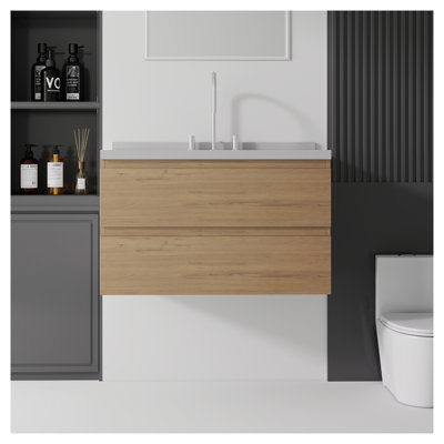 Meuble-lavabo flottant en chêne 36 po avec lavabo intégré, plateau et dosseret en marbre de culture, portes à fermeture en douceur