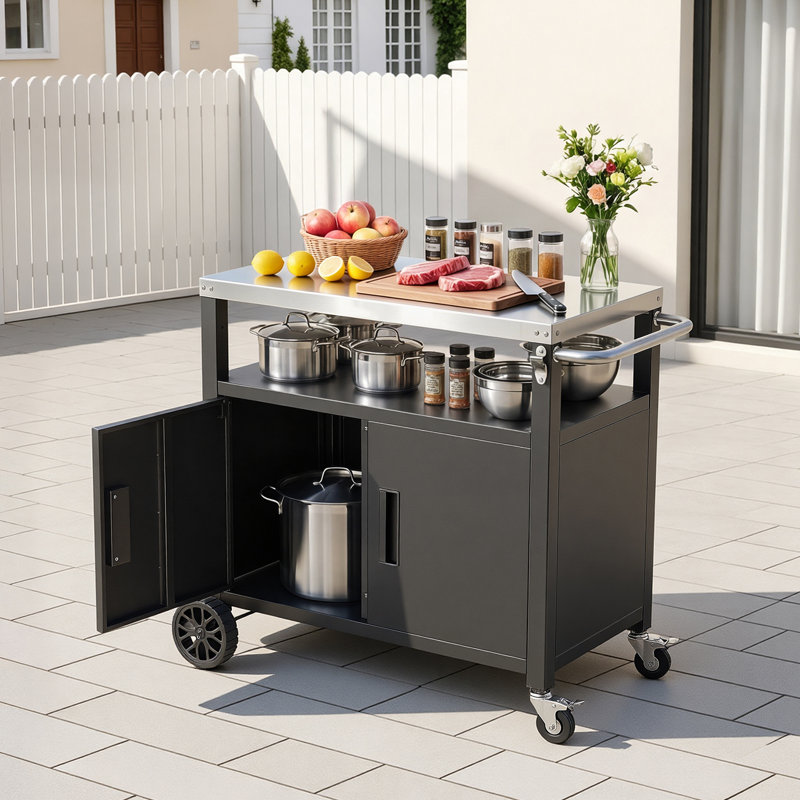 Chariot de barbecue extérieur avec armoire de rangement, table de barbecue de 36,4 pouces, îlot de cuisine imperméable avec plateau en acier inoxydable, tablette et roulettes, station de préparation d'aliments mobile pour barbecue dans la cour