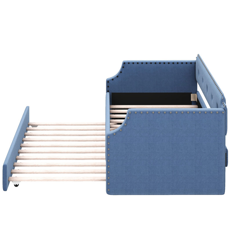 Lit de jour rembourré avec couchette en bleu, tissu de lin simple, lit gigogne en bois, support de lit recouvert de bleu