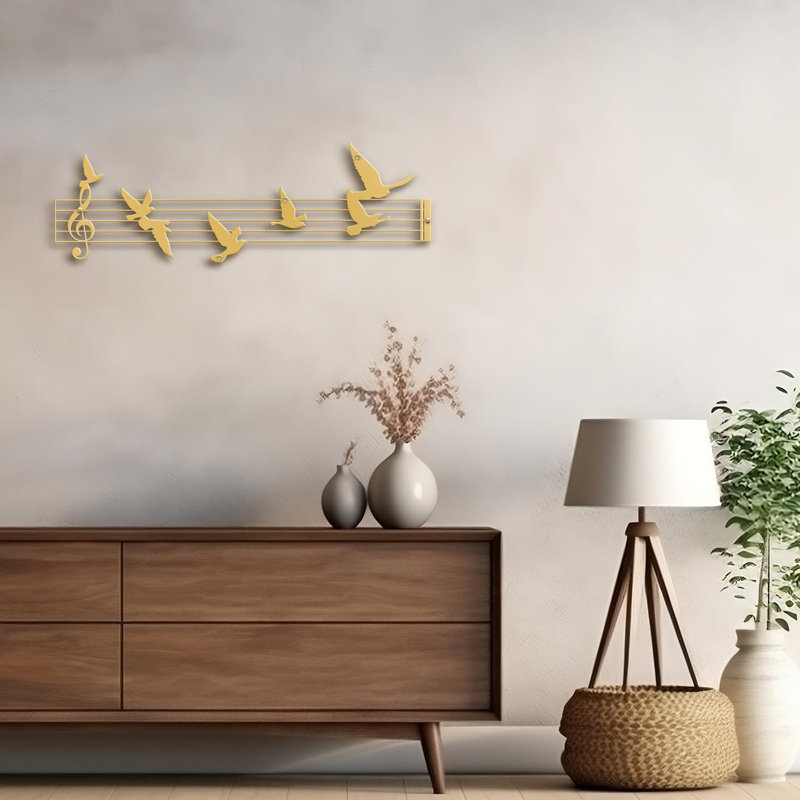 Notes de musique et oiseaux, décoration murale abstraite moderne, décoration murale suspendue, Doré