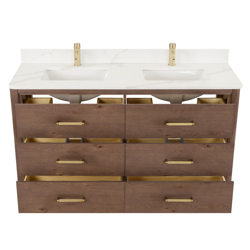 Meuble-lavabo double autoportant 60 po avec plateau en quartz Calacatta Porto, Chêne brun foncé, Or