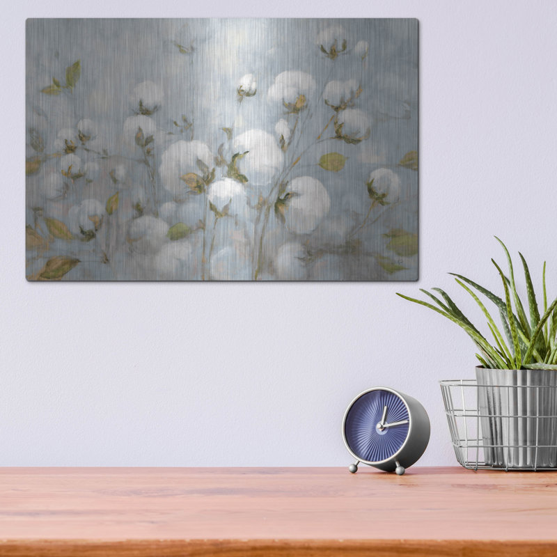 Art mural en métal luxueux «Cotton Field Blue Grey» par Julia Purinton, 16 po x 12 po