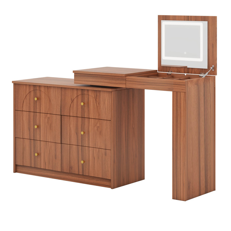Vanity Desk With Mirror And Lights, Makeup Vanity Table With Flip-Top Tabletop And Drawers,Shelves, Walnut