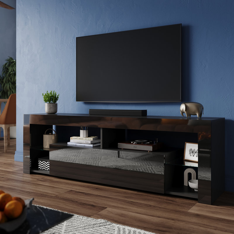 RGB Color Changing Light Mood TV Cabinet with Flip-Down Door, 50.5cm H x 140cm L x 35cm W, Black