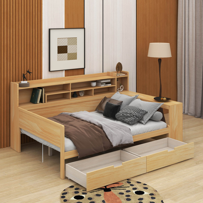 Lit de jour double avec tablettes, tiroirs et bureau, Naturel