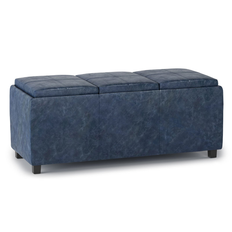 Avalon 42"W Upholstered Contemporary Rectangular Flip-Top Storage Ottoman with Hidden Storage, Denim Blue Vegan Faux Leather