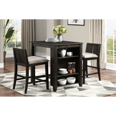 Table de salle à manger à hauteur de comptoir en cerisier foncé, 3 avec tablettes et ports, 2 chaises pour table transitionnelle moderne, séduisante