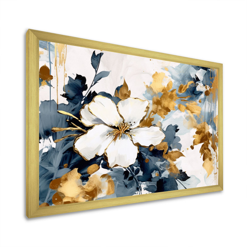 Harmonie d'hibiscus bleu et blanc - art mural floral grand, H 34 po x l 44 po x P 1 po, Encadrement doré