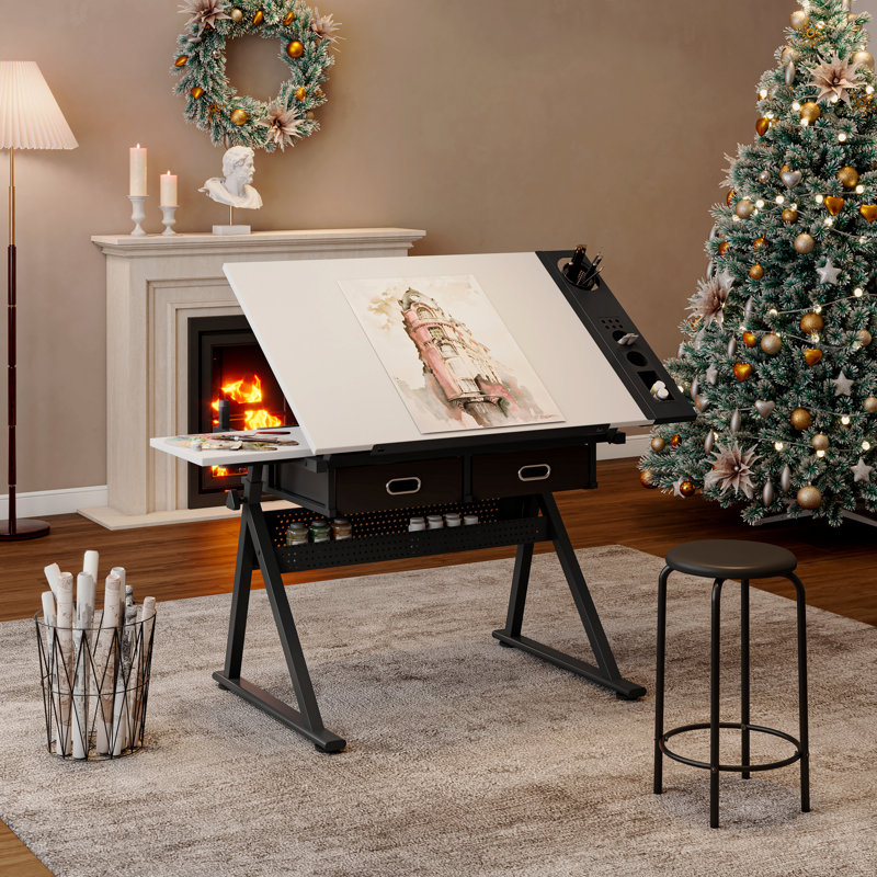 Bureau de dessin réglable avec 2 tiroirs pour bureau à domicile et école avec tabouret (blanc), White/Black