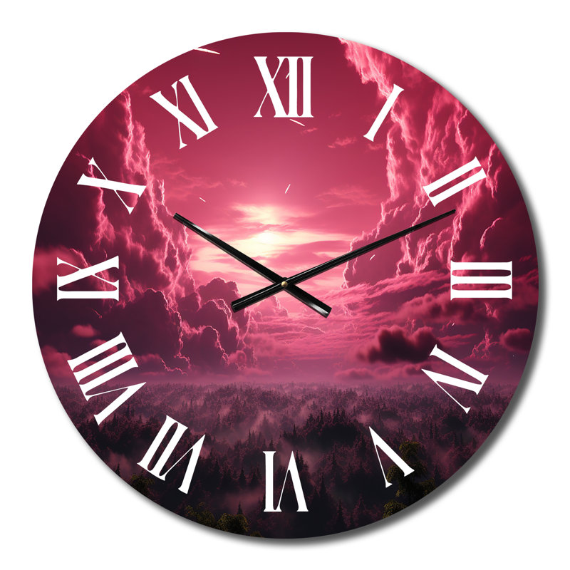 Horloge murale majestueuse, coucher de soleil rose sur forêt mystérieuse, Petit