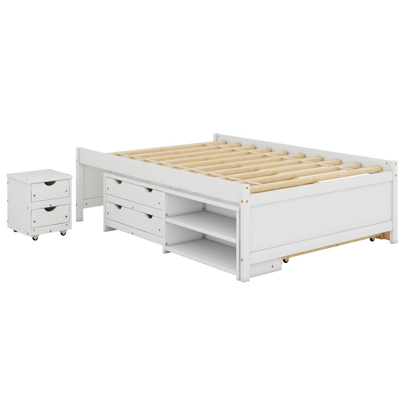  Structure de lit double Altona avec lit gigogne, 2 tiroirs, tablettes et table de chevet, Blanc