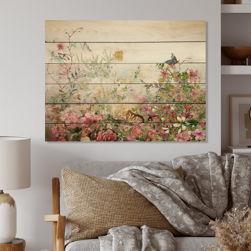 Jardin d'été moderne rose et vert - peinture sur bois sans cadre, H 16 po x l 32 po x P 1 po