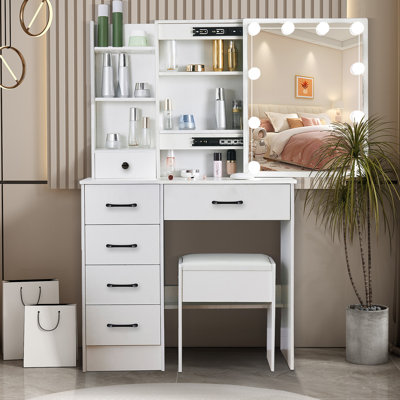 Vanity Table Set With LED Lighted Mirror Makeup Vanity Desk With 6 Drawers