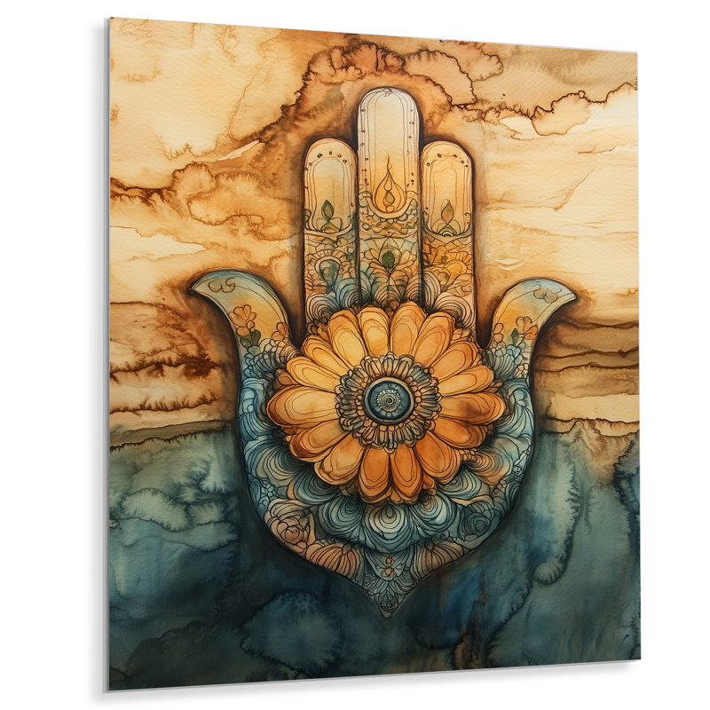 Hamsa of Golden Protection - Boho, art mural abstrait en métal, impression boho abstraite, L 24 po x H 32 po