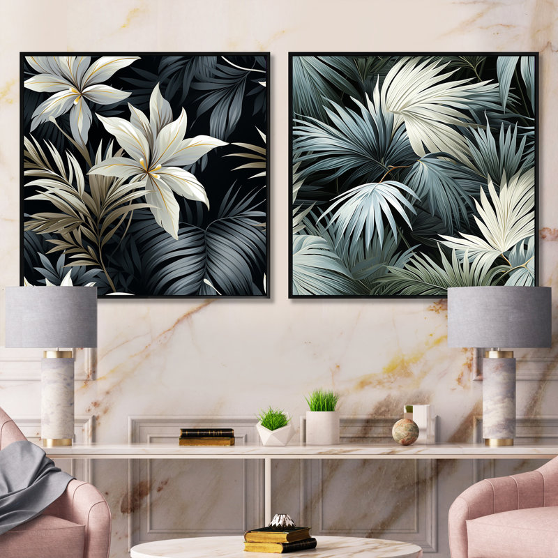 Garet - Ensemble de 2 collages carrés floraux, Cadre flottant noir, H 16 po x l 33 po