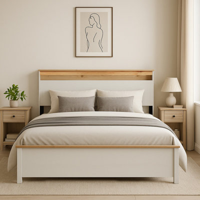 Farmhouse Bed Frame with Storage Headboard and Charging Station – White