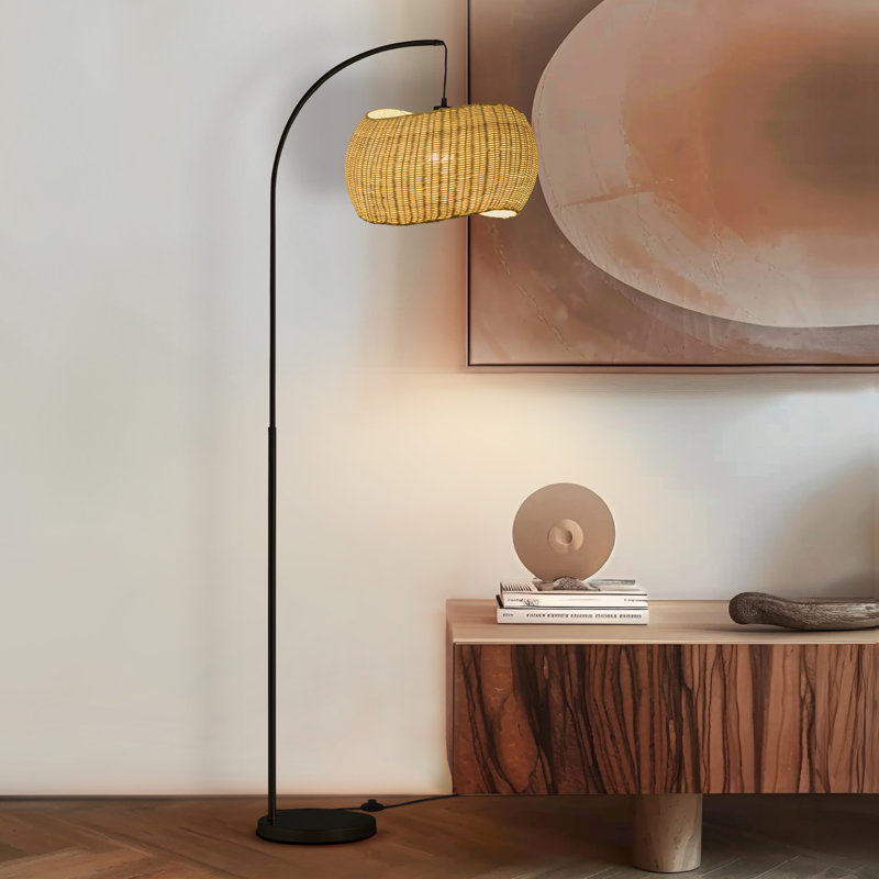 Wave Pendant 81 in. Arched LED Floor Lamp with Wicker Rattan Shade, Boho Style, Bulb Included