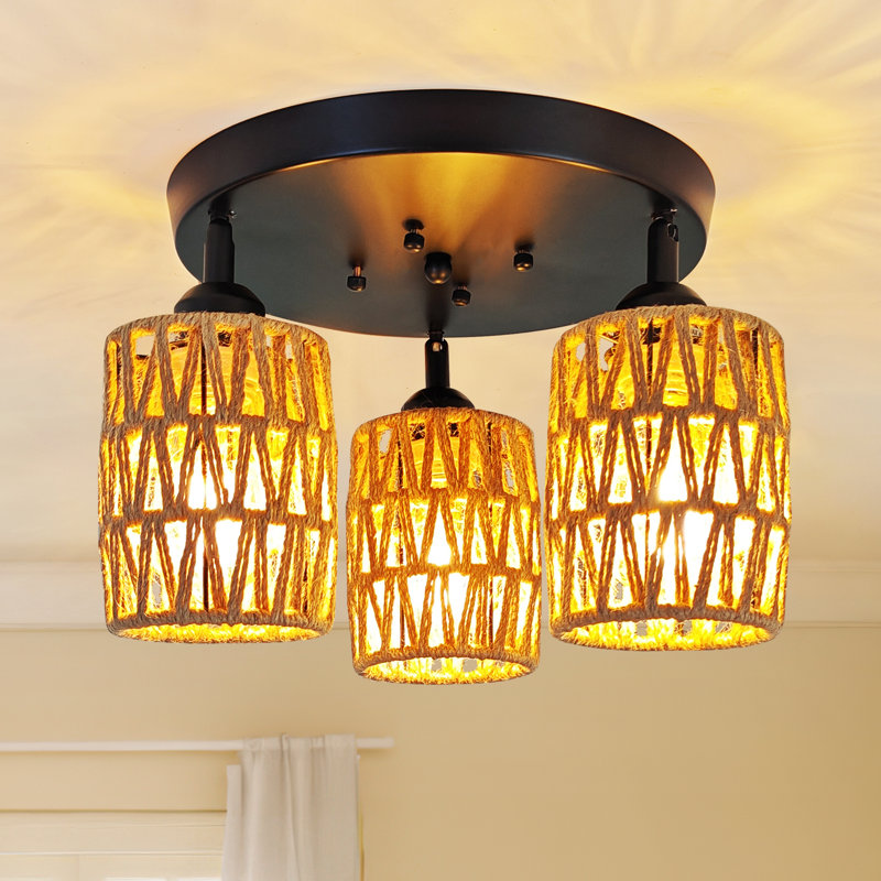 Boho 3-Light Farmhouse Rattan Ceiling Light Fixtures, 14" Flush Mount With Hand-Woven Shade